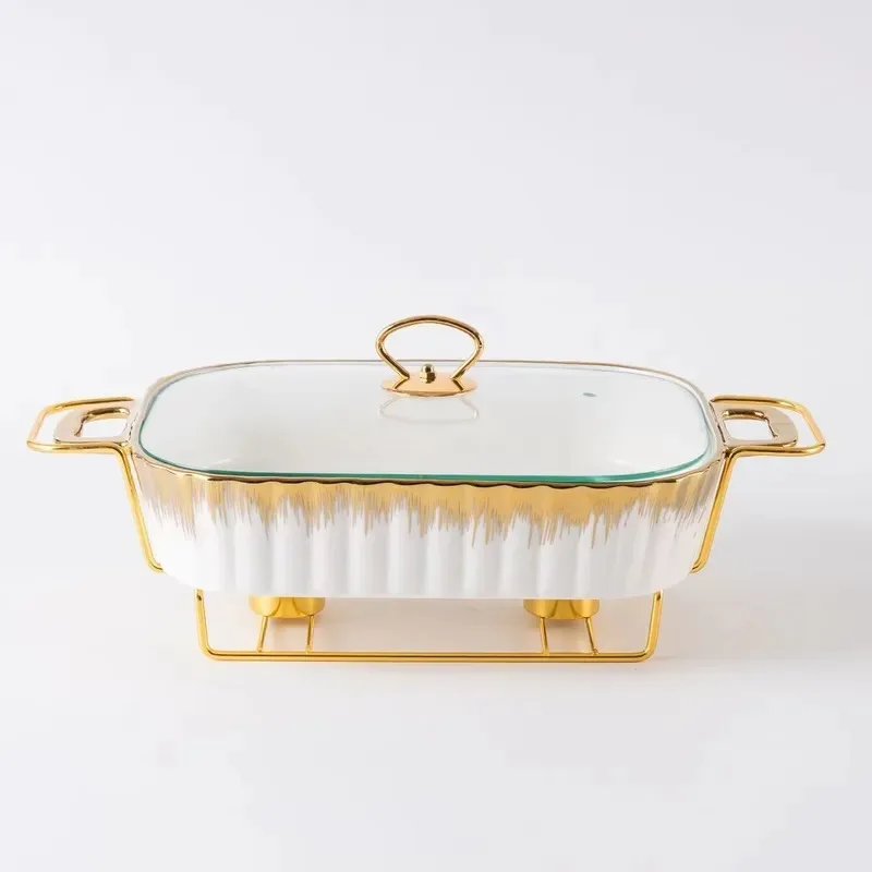 Rectangle Ceramic Dry Pot Food Warmer Set with Lid Hot Pot Cooker for Wedding Hotel Equipment