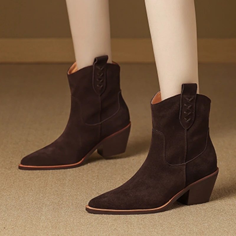 New 2026 Spring Suede Ankle Boots Black Brown Point toe Pull-on Chunky heels Modern Western Boots Simple Style large size Boots