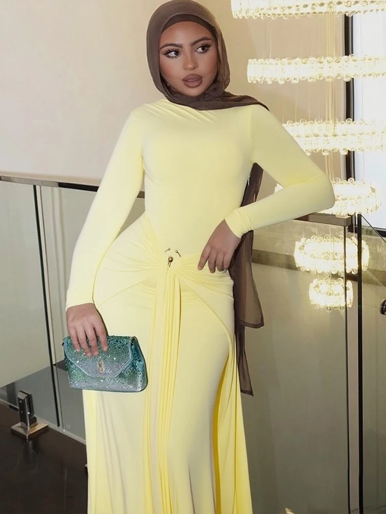 Nibber Casual Geraffte Temperament Maxi Kleid Frauen Täglichen Mode Dünne Volle Hülse Solide Kleid Mitternacht Prom Party Lange Bodycon
