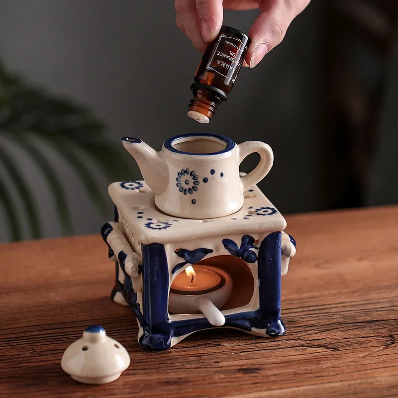 Vintage Reed Diffuser Essential Oil Incense Burner Ceramics Tea Warmer Set with Candle Holder Tray Home Decor Ornaments