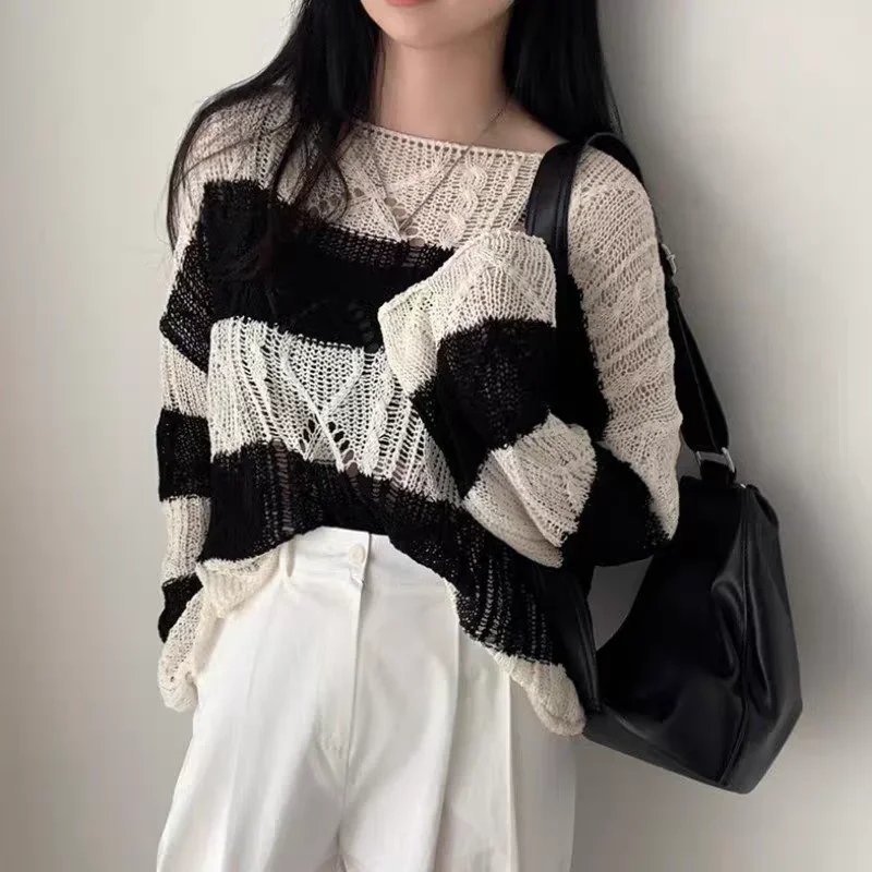 

Knitted Sweater Women Pullovers New Long Sleeve O-Neck Striped Knit Sweater Pullover Women Tops Sweaters Sueters De Mujer Q1604