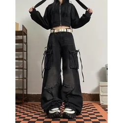 Casual Pockets Y2K High Street Style Denim Trouser American Vintage High Waist Lace-up Jeans Wide Leg Grunge Pants Women's