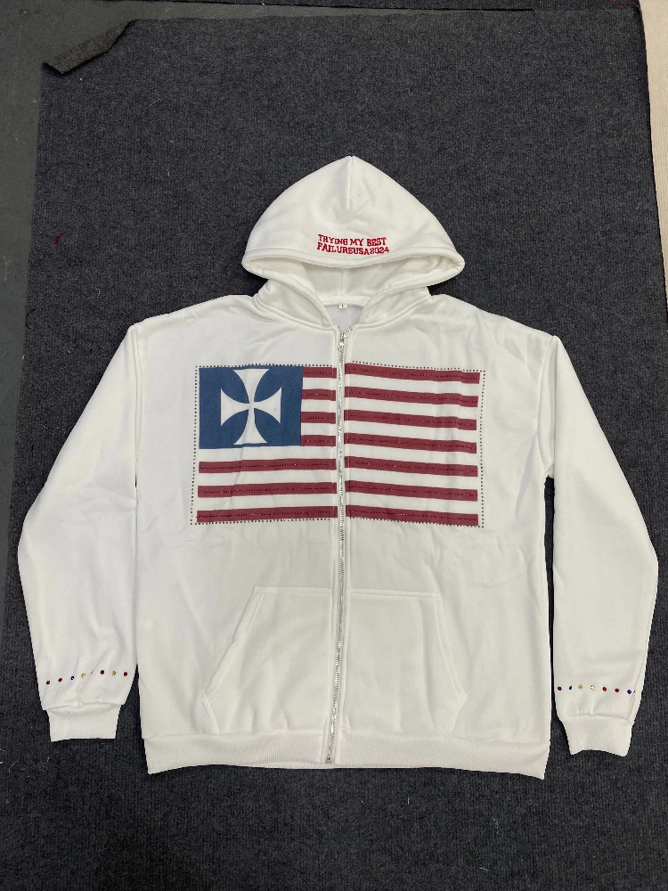 2025 new graphic letter print with pocket personalized trend loose hooded hip-hop cardigan sweatshirt