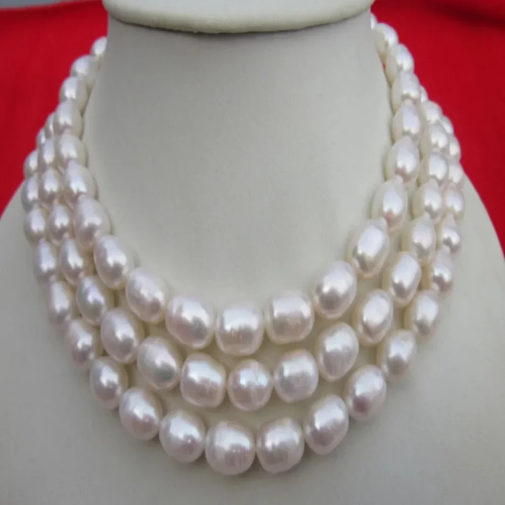 Hand knotted necklace natural 9-10mm white freshwater rice pearl sweater chain nearly oval pearl 50inch