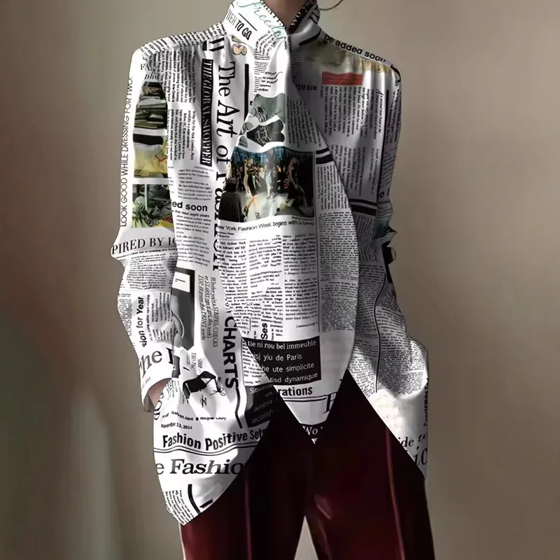 Women's Fashion Letter Printed Tie Design Blouses 2026 Spring Summer Long Sleeve Stand Collar Casual Office Lady Shirts Tops