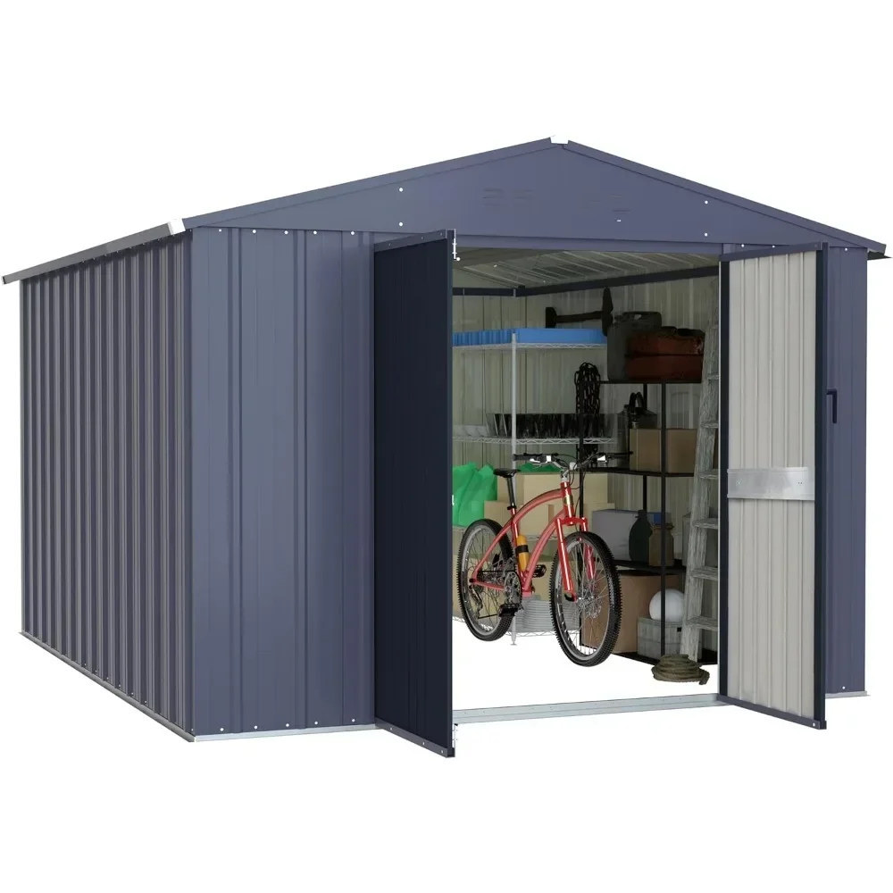 

8 x 10 feet outdoor storage shed, galvanized metal garden tool shed, courtyard furniture storage room with double pitched roof