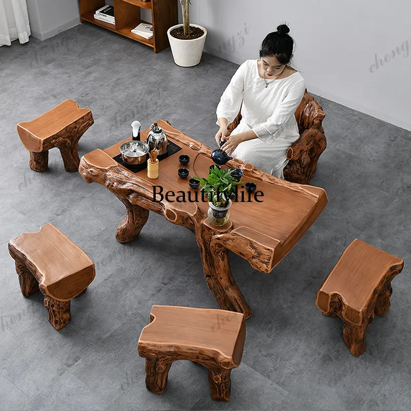 Imitation root carving tripod flat table new Chinese style tea table and chair combination office homestay high-end tea table