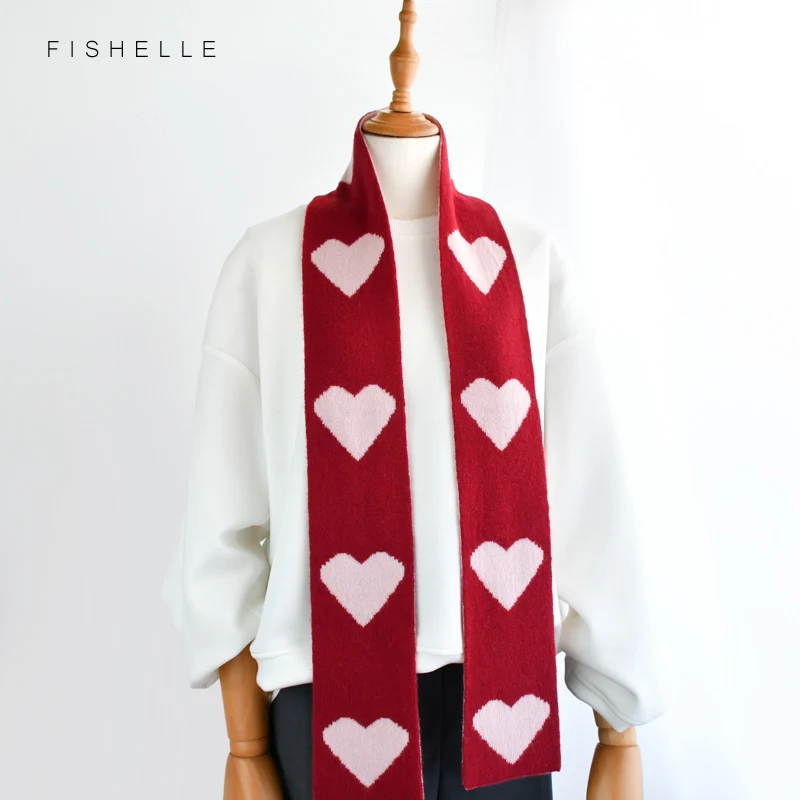 Sweet lovely pink love shape red scarves double-sided wool narrow edition small scarf for girls gift