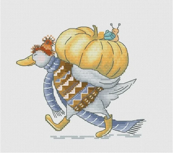 Embroidery Cross Stitch Kits Craft DIY Needlework Cotton Canvas Mr. Duck with Pumpkin on His Back 32CT 28CT Metallic aida