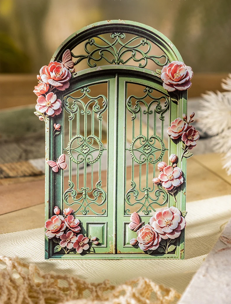 Journal GO 10pcs Garden Flower Gate Embossed Stickers 3D Wood Paper Floral Iron Gate Decal for Journaling Scrapbooking Card DIY