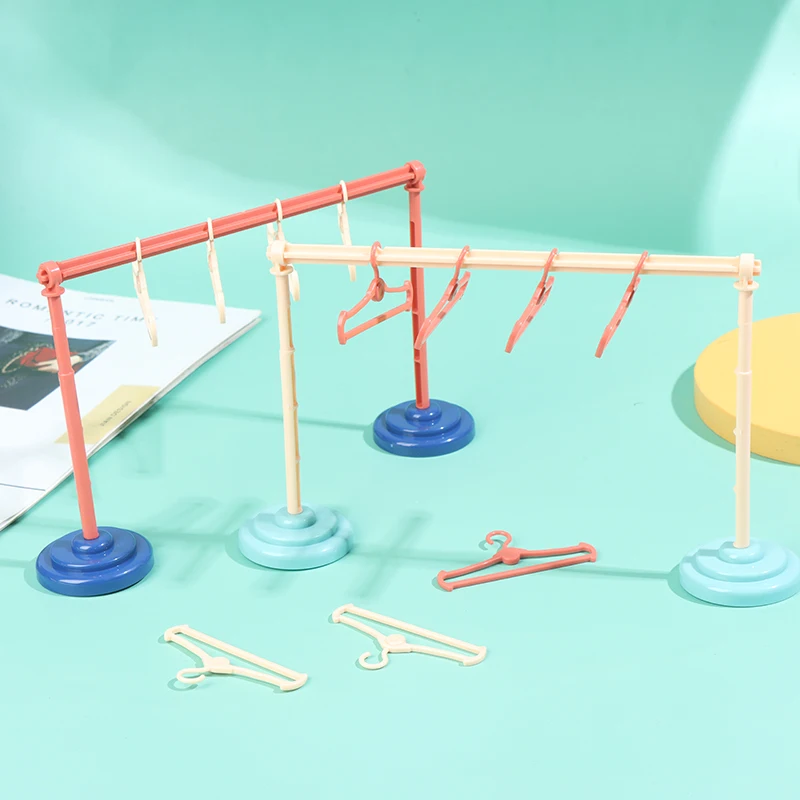1Set Dollhouse Clothes Drying Laundry Rack 1/6 1/8 1/12 Dolls Dress Hangers Organizer