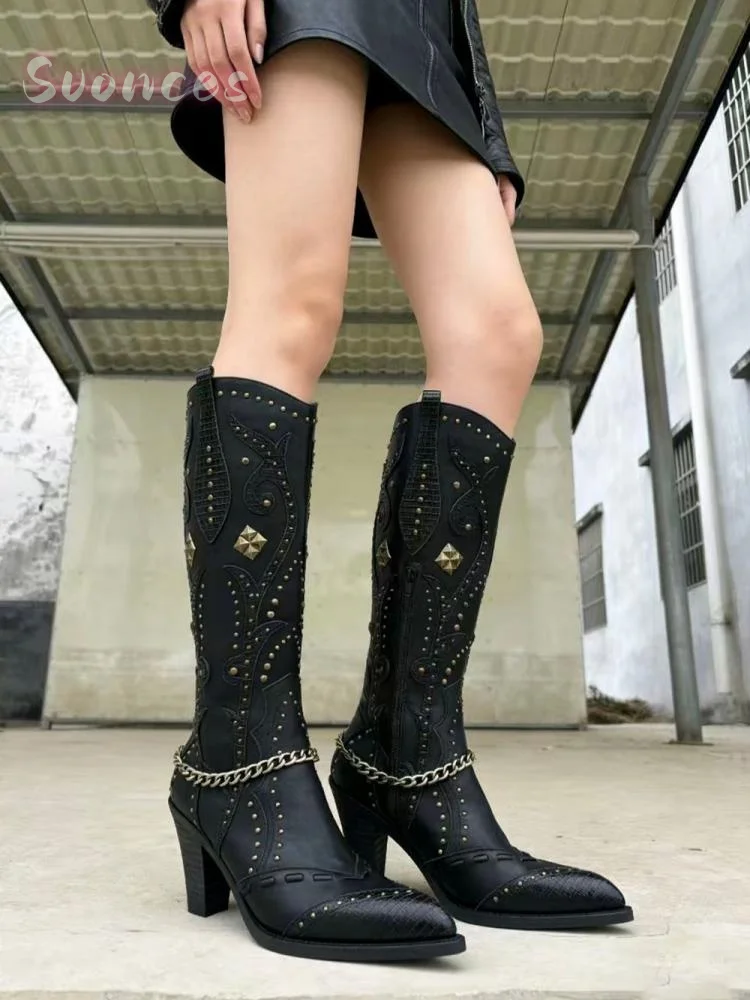 Pointed Boots Small Metal Studs Square Rivet  Ankle Chain Floral Embossed Cutout Side Fastener Solid Block Heel  Knee-high Boots