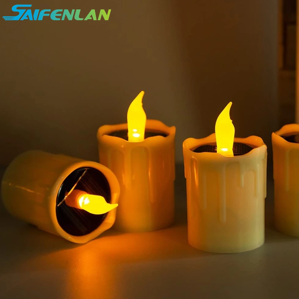 Velas solares de té para exteriores, luz parpadeante, sin llama, impermeable, para fiesta de Navidad, jardín, decoración del hogar, 6 piezas