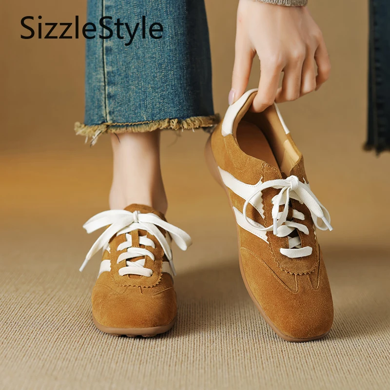 

2025 New Women's Nubuck Leather Low Heel 3CM Lace-Up Casual Shoes Square Toe Stitching Detail Handmade Solid Color
