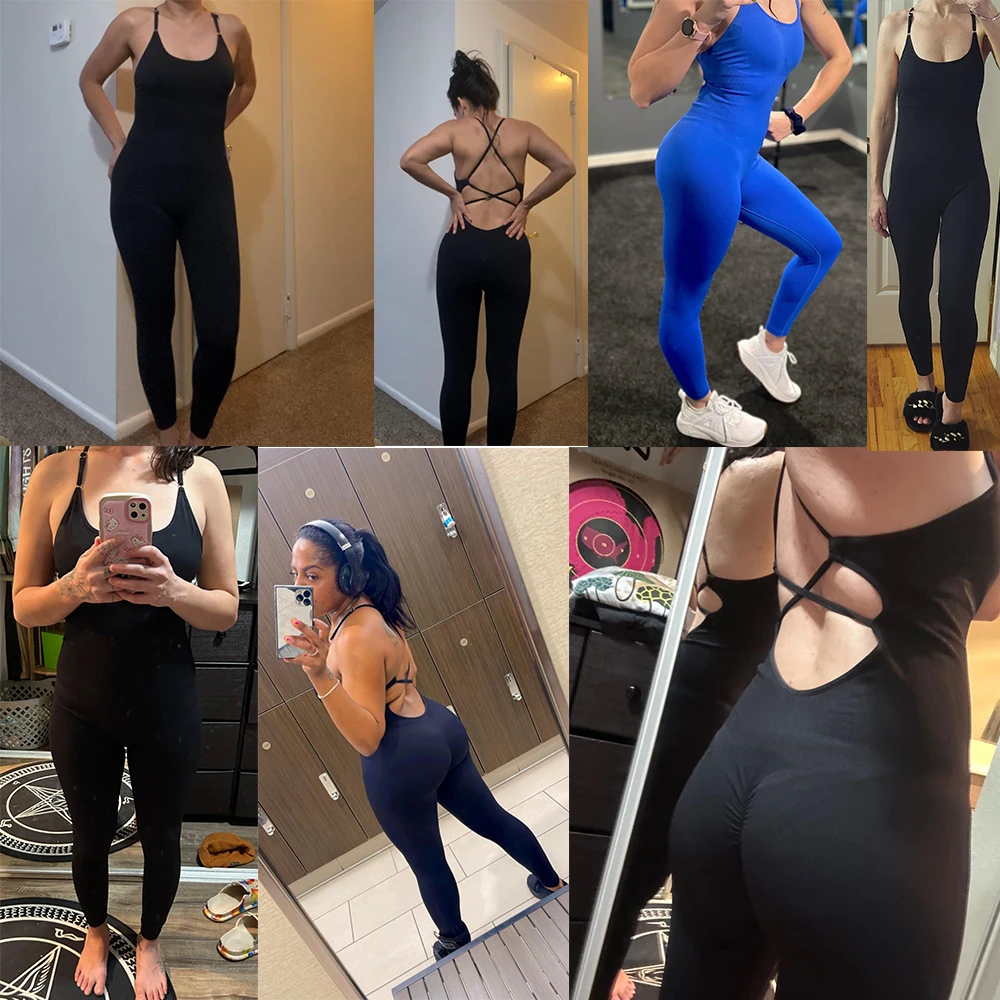 Sexy Backless Bodycon Scrunch Jumpsuit Women Dance Fitness Streewear Overalls Push Up Sleeveless Yoga Sport Jumpsuits Female