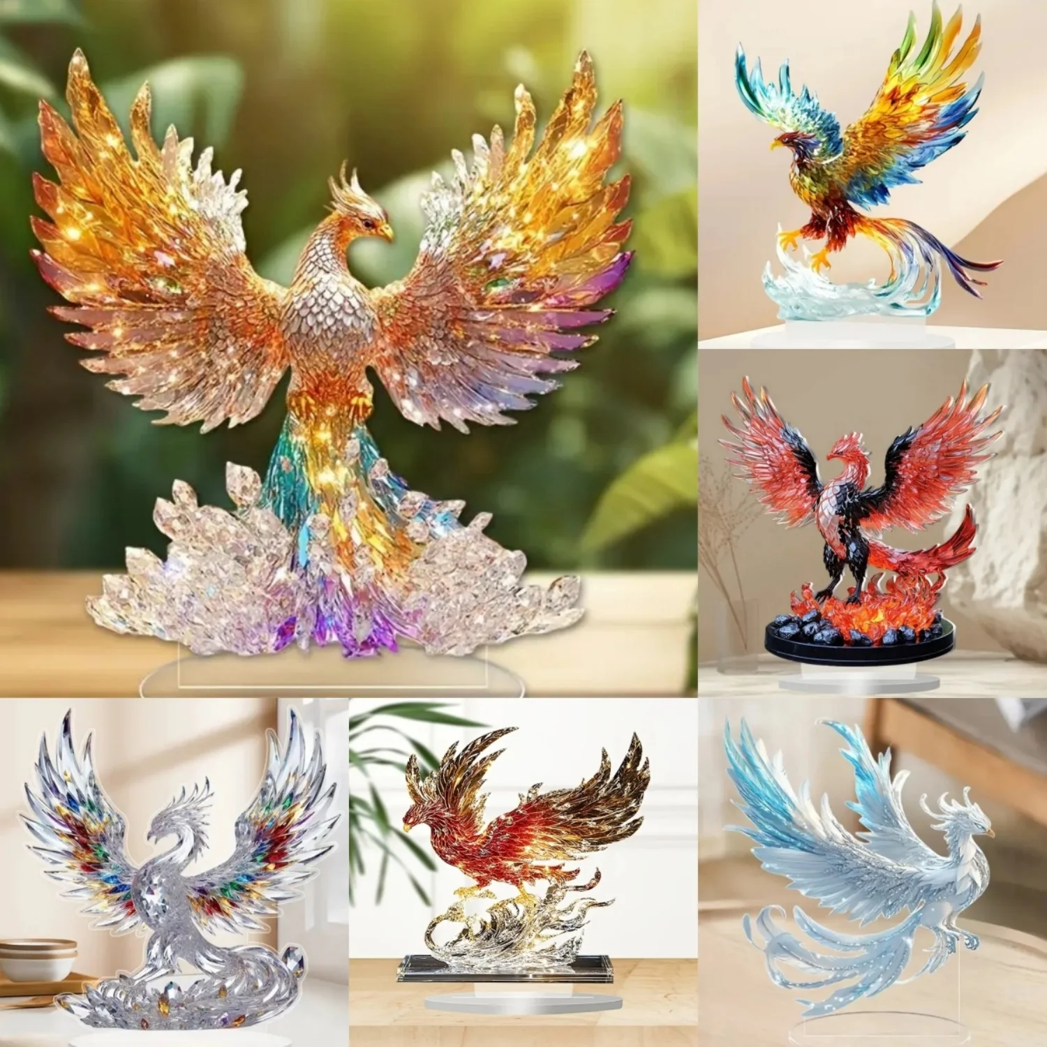 Crystal Phoenix Acrylic Statue,2D Flat Figurine,Home,Office,Cafe,room,Studio,display Case,Table Ornament Desktop Decor Kit