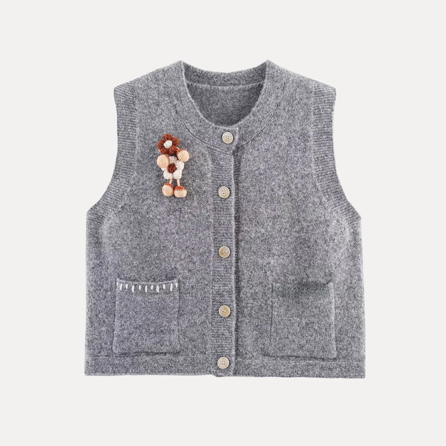 

Ele Pure Color Flower Knitted Vest Women's Faion Autumn New Arrival Commute Sle round Ne Single Button Closure