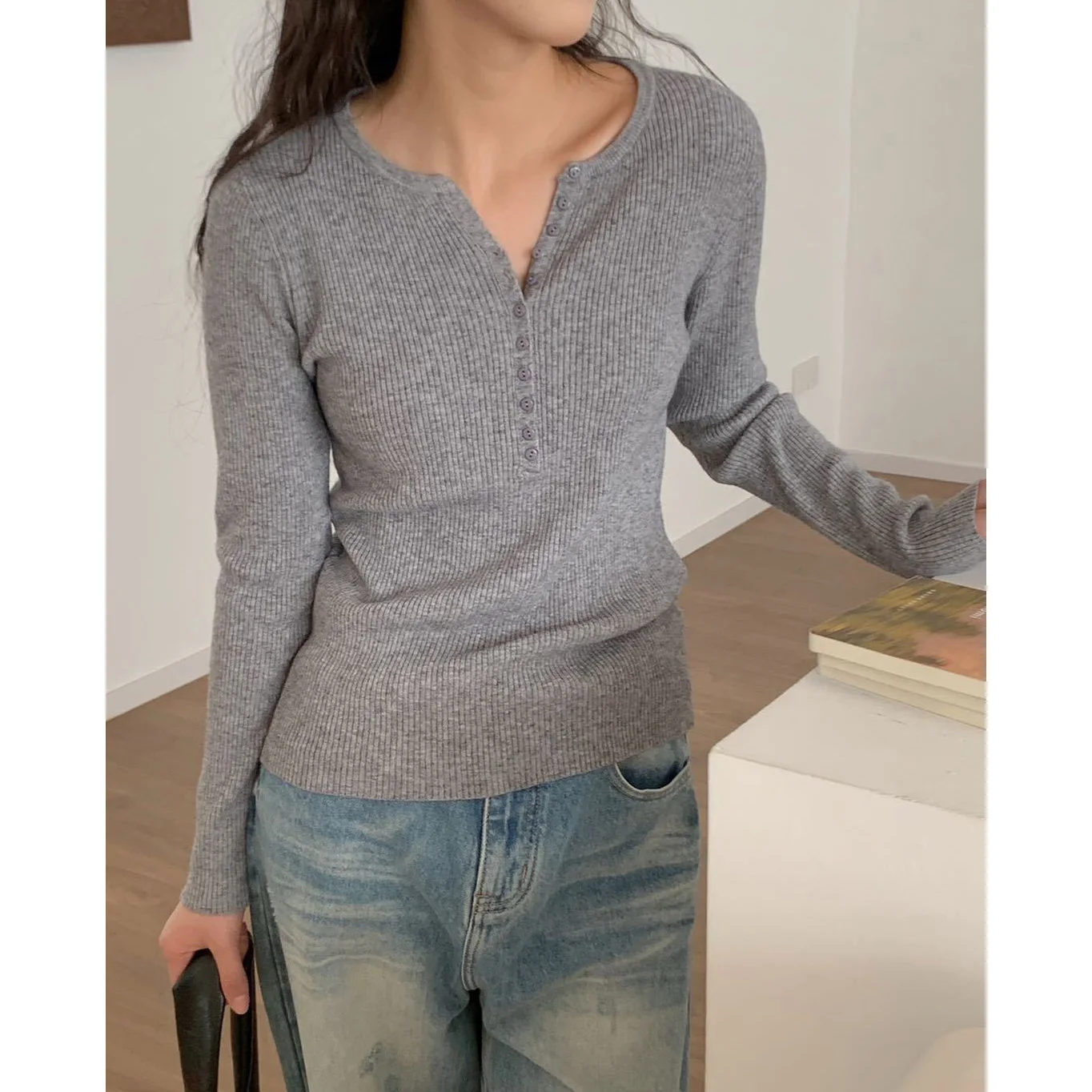 Ribbed Henley Sweater Women Knitted Semi Button Pullover Tops Essentials