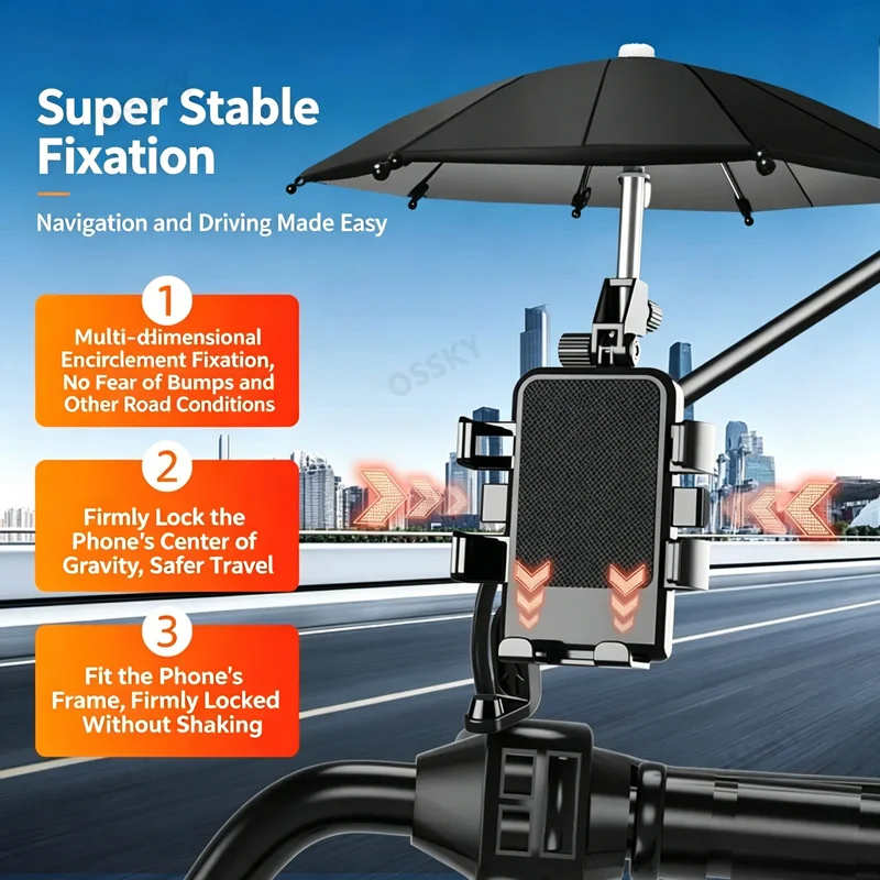 New Motorcycles Bicycles Phone Holder Free Rotation Navigation Bracket Riding Shockproof for IPhone Xiaomi Samsung with Umbrella view 3