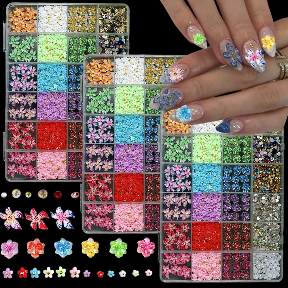 

1Box 3D Multiple Style Colorful Flowers Resin Nail Art Decorations Sweet Spotted Blossoms Mini Rhinestones Mixed Nail Charms DIY