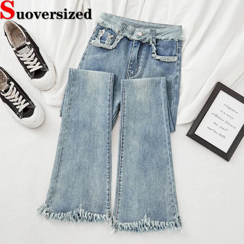 Streetwear Design Raw Edge Flare Jeans Women Korean Vintage Skinny Vaqueros Casual High Waist Stretch Denim Pants Bell-bottoms