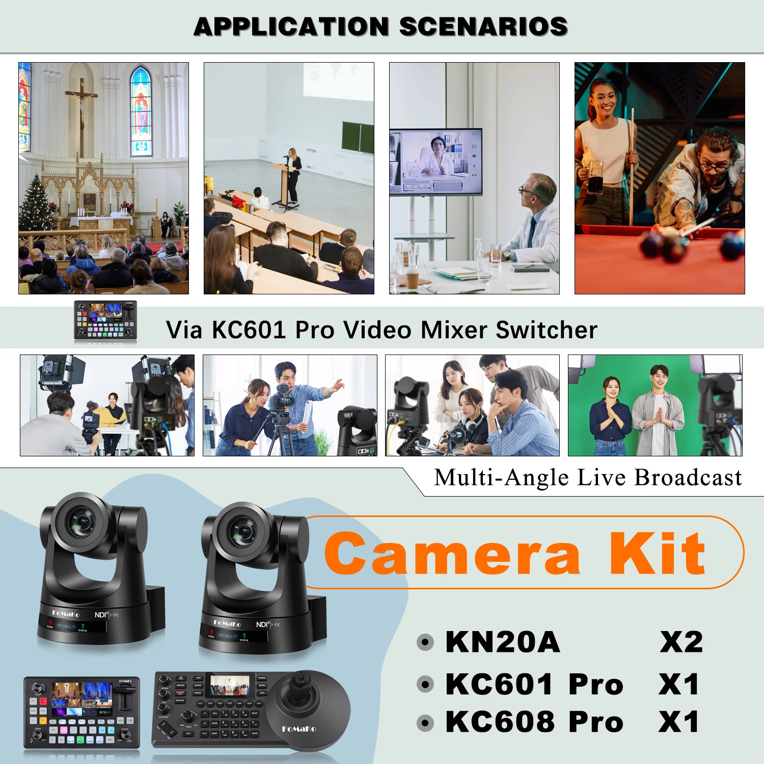 BN420 2*KN20A 20x HDMI  SDI NDI  PTZ Camera + PTZ Camera PTZ Controller + Video Mixer Switcher for Livestreaming+ Church