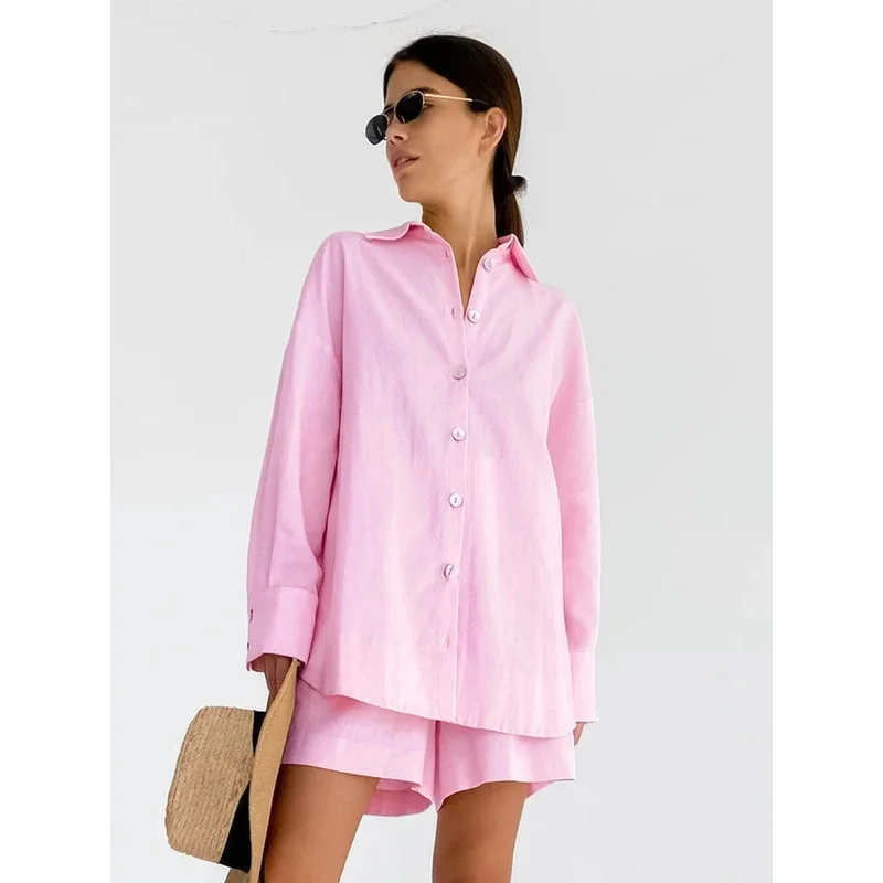 Linad Loose Women's Home Clothes 2 Piece Sets Pink Long Sleeve Sleepwear Female Casual Suits With Shorts 2023 Spring Solid