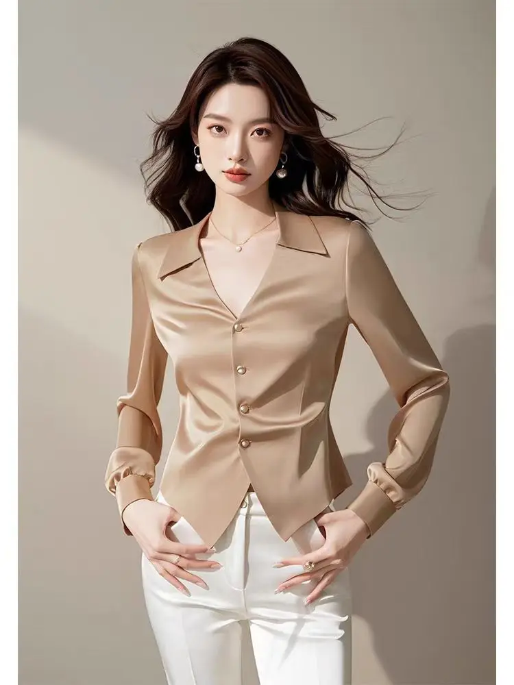 Early Autumn New Long Sleeved Top, Light Mature French Niche Light Luxury Temperament Exquisite Waist Cinching Apricot Shirt