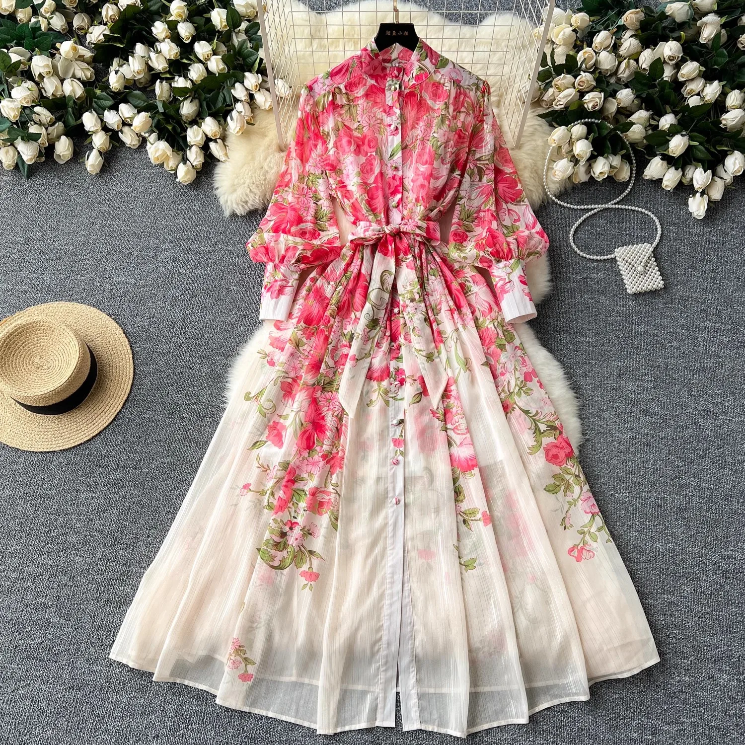 

Summer Gorgeous Flower Holiday Long Dress Women's Stand Lantern Sleeve Floral Print Lace Up Loose Robe Boho Chiffon Vestidos