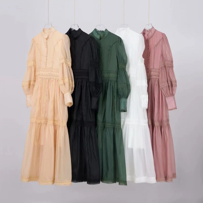 الفرنسية الرجعية اللباس المرأة الأورجانزا المرقعة الدانتيل الدانتيل الدانتيل الوقوف طوق بأكمام طويلة عالية الخصر بلون اللباس #5