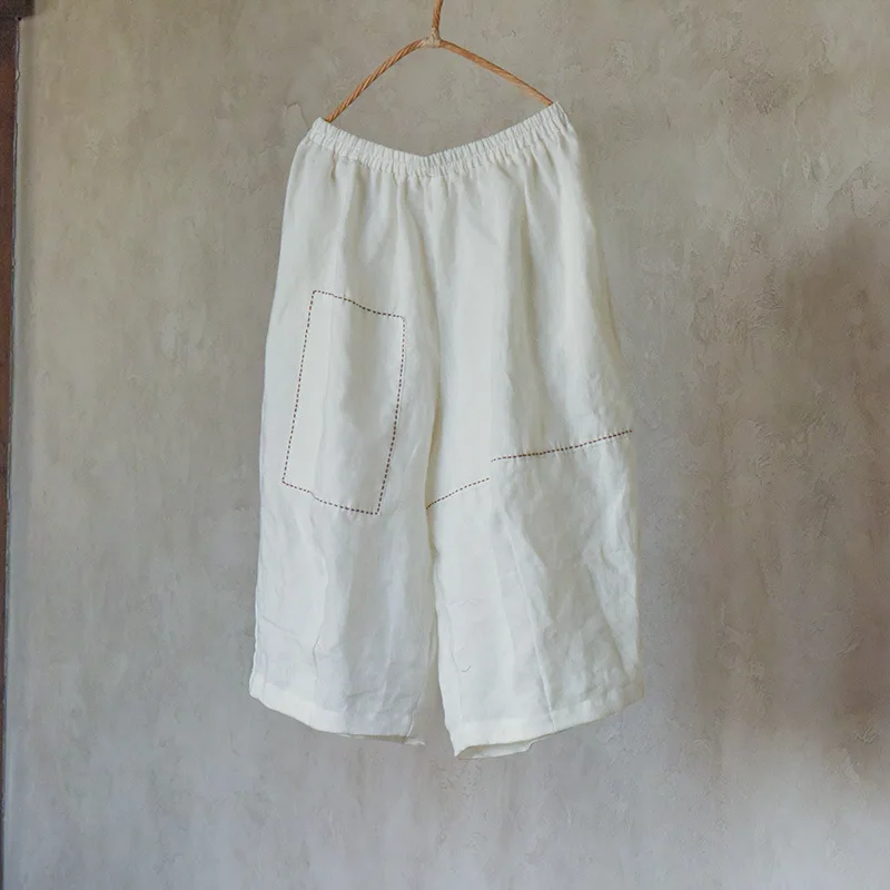 100% Linen Women Casual Calf-length Pants New Arrival 2025 Summer Vintage Style Loose Comfortable Female Wide Leg Pants M989
