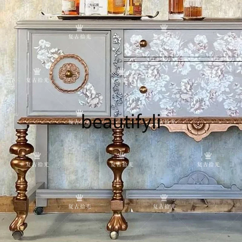 yj5 Vintage Solid Wood Carved Entryway Cabinet American Style Painted Floral Decorative Cabinet Wall-Mounted Storage Cabinet