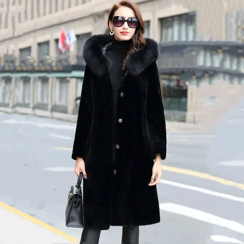 

Women's Faux Mink Velvet Coat Overcoat Wearable On Both Sides Mid Length Autumn Winter Mink Fleece Faux Fur Hooded Coat XL-7XL