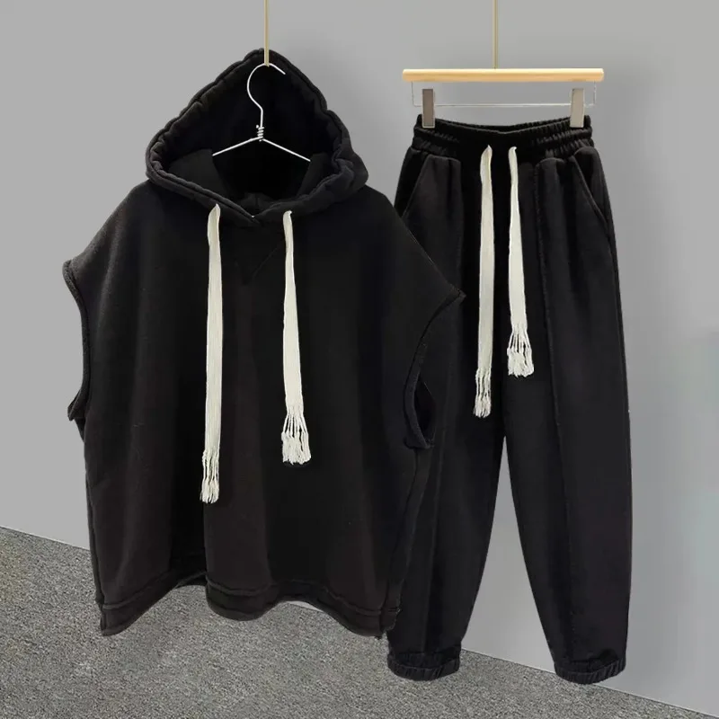 New 2025 Women SuitSolid Color Sleeveless Hood+ Casual Pants Set Women/Men