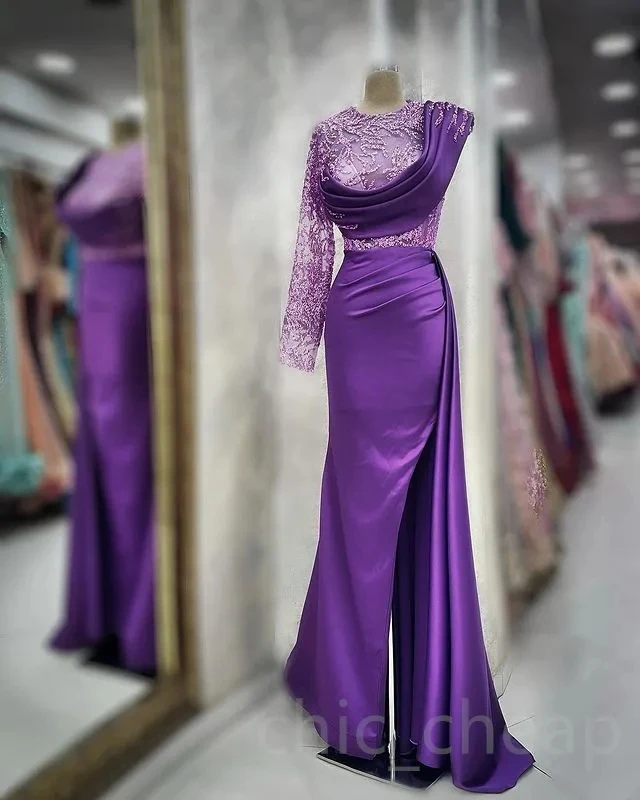 

Purple African American Prom Dresses A-line One-shoulder Lace Slit Black Girls Nigeria Dubai Saudi Arabia Evening Dresses Gown