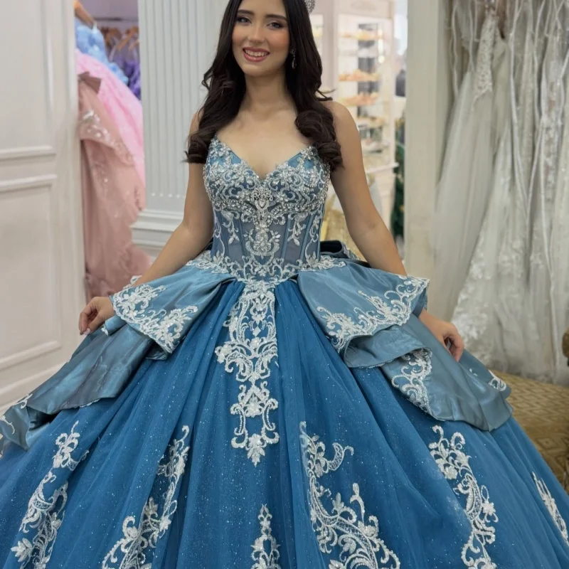 

Blue Quinceanera Dresses Off the Shoulder Glitter Ruffles Decal Long tail Bow Vestido De 15 Quinceanera Customize