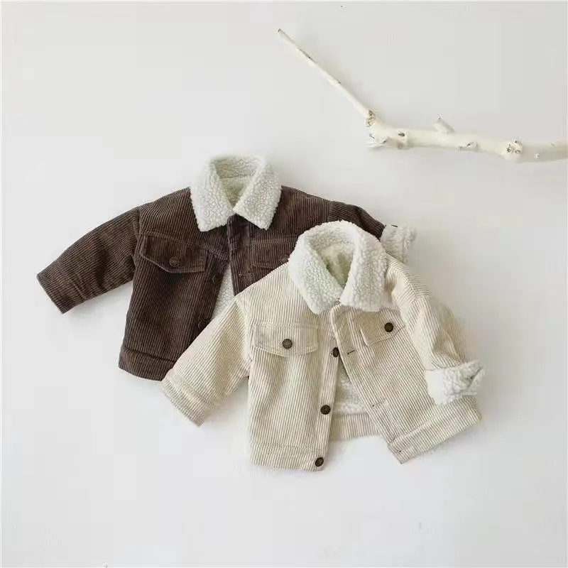 

Winter Casual Plush Solid Brown Pocket Baby Jacket Turn Down Collar Long Sleeve Corduroy Kids Tops Unisex Korean Style