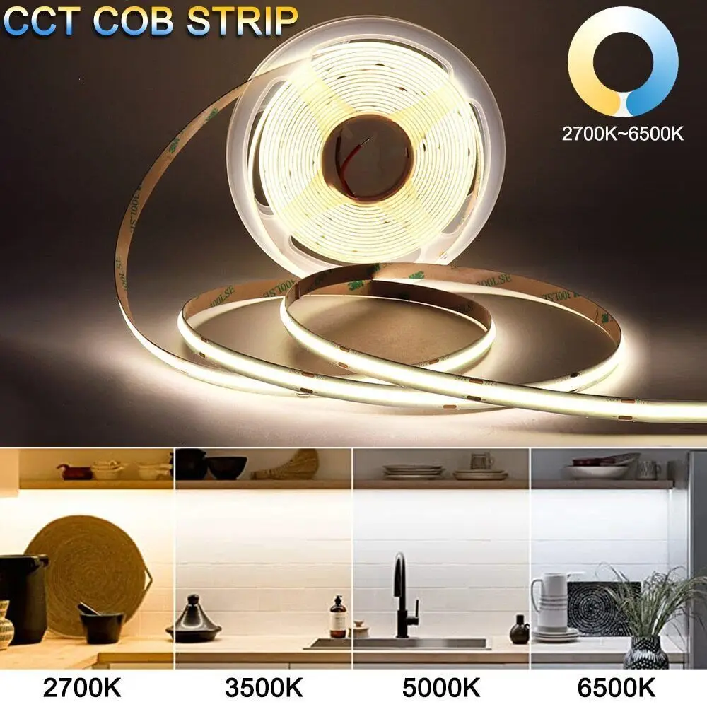 High Brightness 5MM 8MM 10MM CCT 2700K To 6500K Dimmable Ra90 608leds 12V 24V Cob Led Strip Light