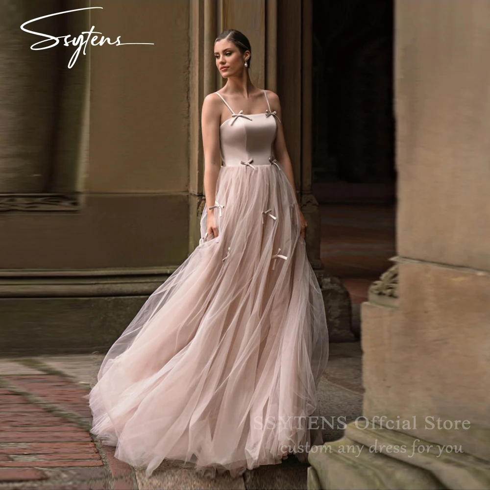 SSYTENS 여성을위한 우아한 얇은 명주 그물 이브닝 드레스 웨딩 파티 드레스 스파게티 스트랩 바닥 길이 긴 신부 가운 맞춤형
