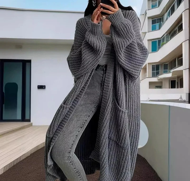 

Women Pockets Sweater Cardigan Kintted Jacket Autumn Crochet Loose Long Winter