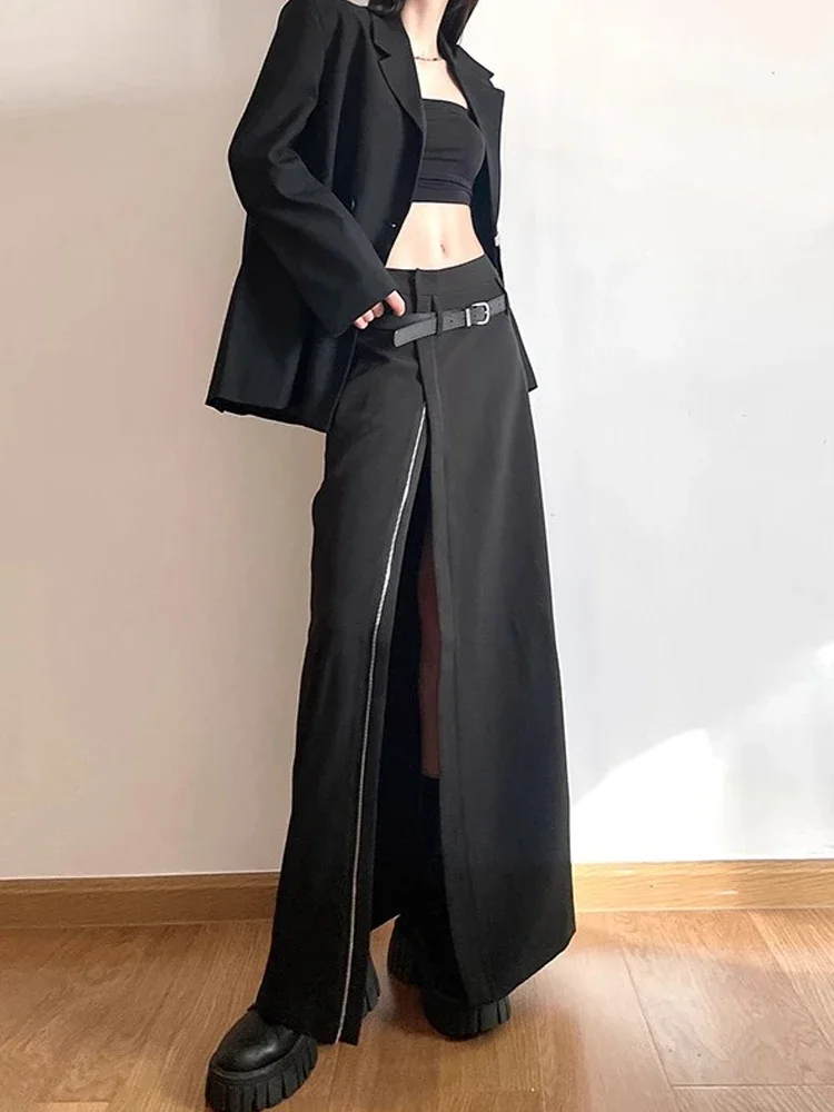 Y2k rok hitam untuk wanita, pakaian jalanan elegan model A-Line rok panjang Harajuku Korea Vintage pinggang tinggi 90s 2024