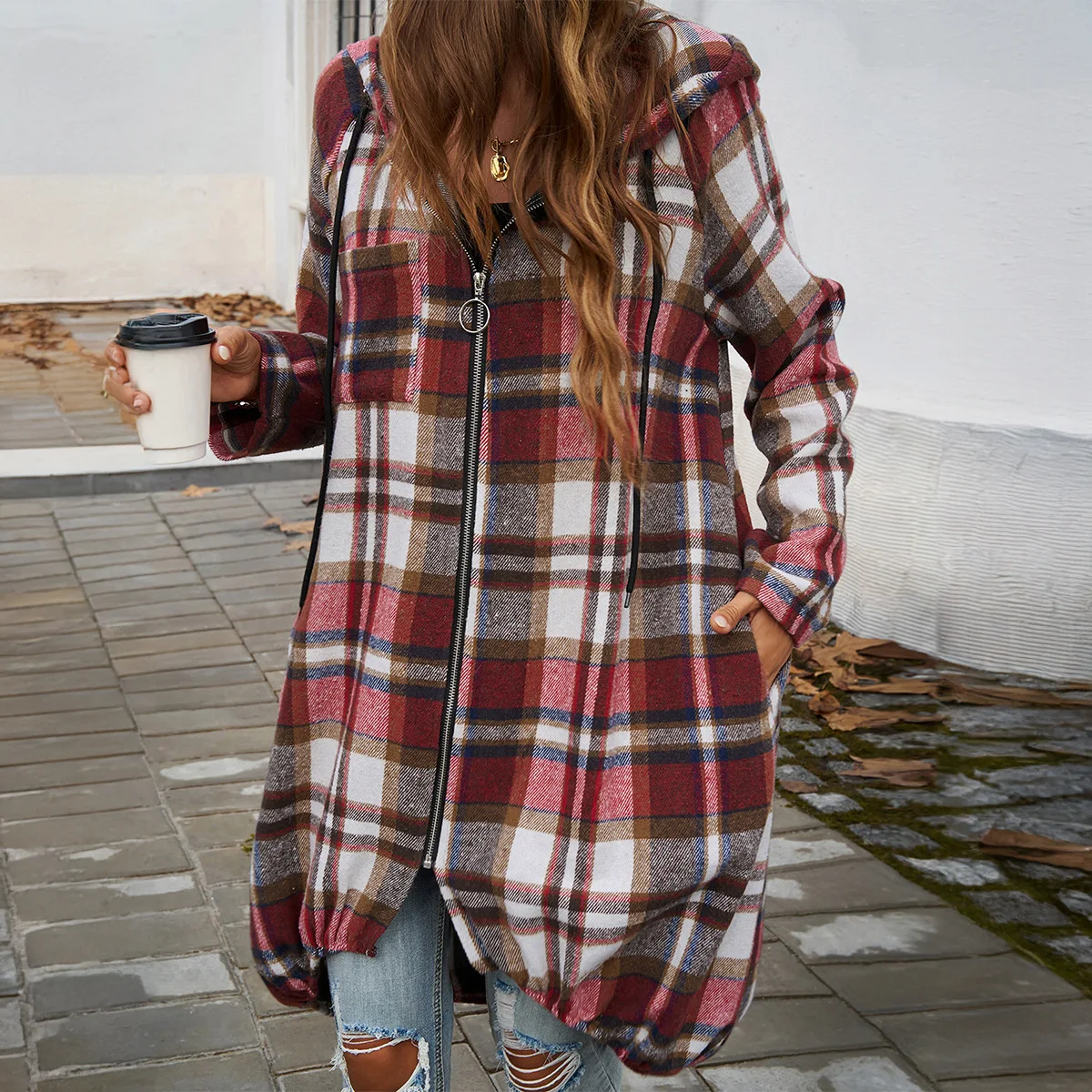 High Quality Hot Selling 2025 Women's Casual Loose Plaid Contrasting Zipper Hooded Jacket Wholesale Wool Blends Coats Tweed Y2k