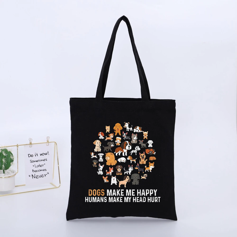 Dog Lovers' Animal Graphic Black Canvas Tote Bag, Casual Style for Daily Shopping