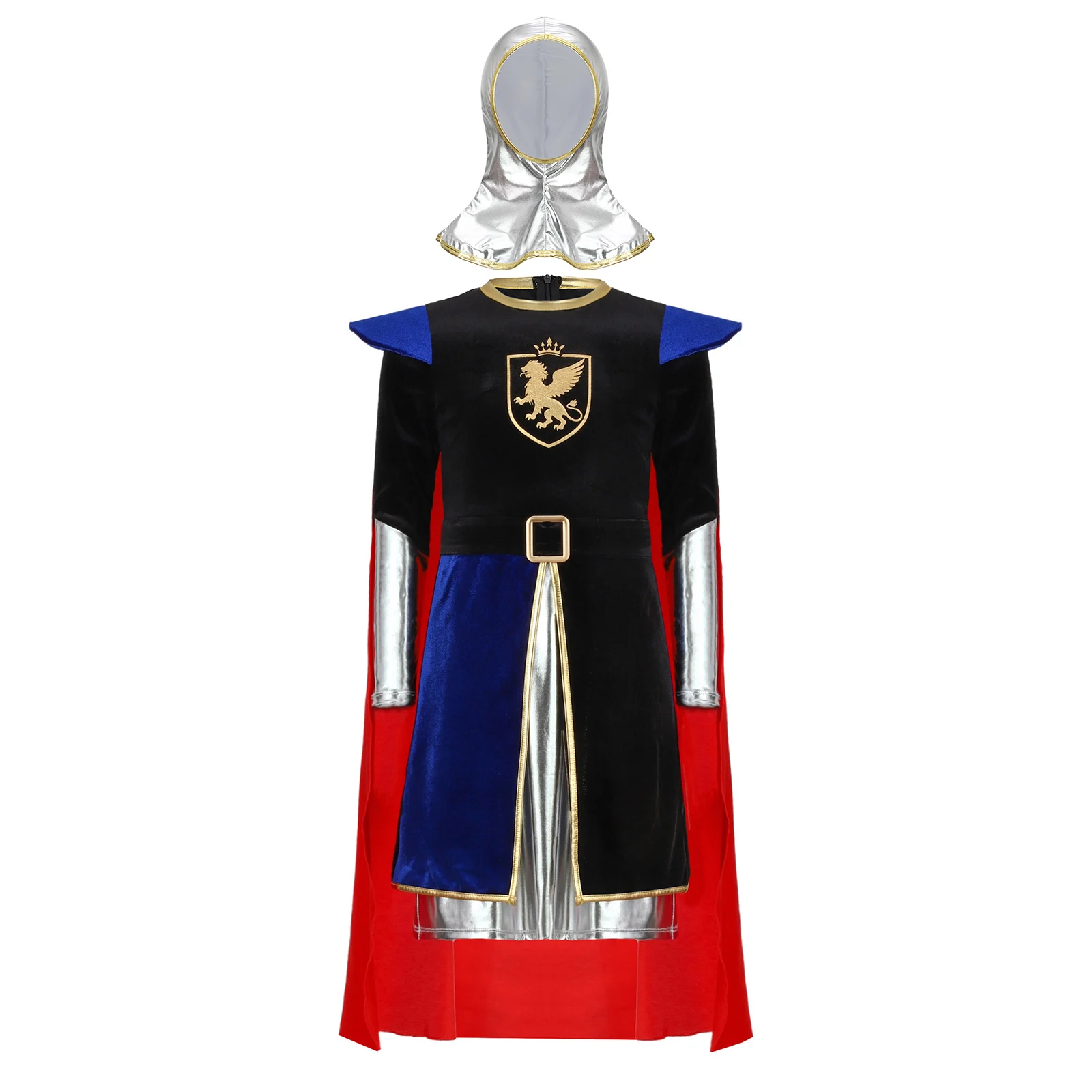 

Halloween Carnival Prince Knight Cosplay Costume Metallic Long Sleeve Top with Cape And Coif Knight Performance Wear