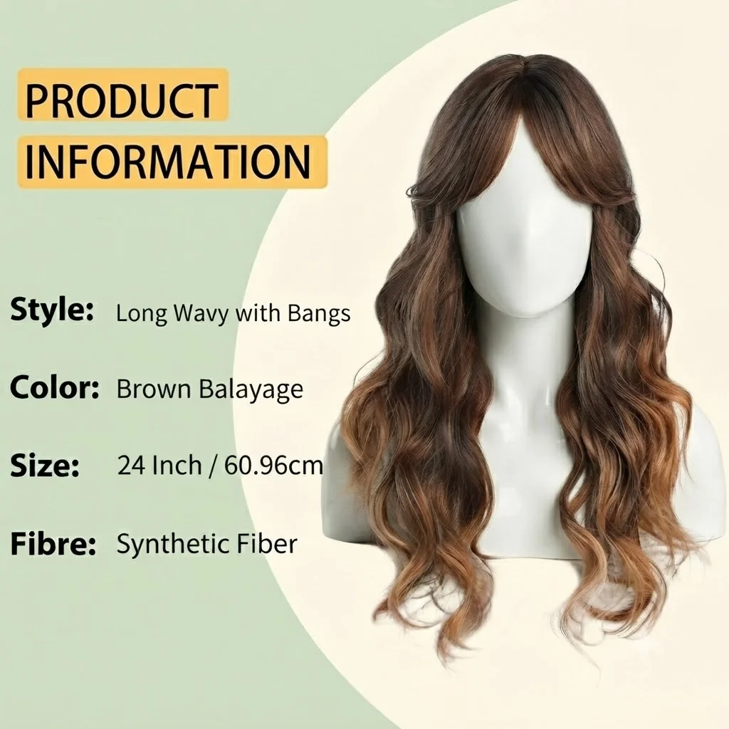 24 Inch Long Wavy Synthetic Wig with Bangs, Brown Balayage Heat Resistant Hair Wigs for Women Daily Wear Party Cosplay