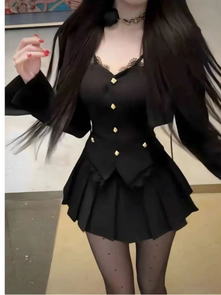 Herfst sexy vintage elegante 3-delige sets vrouw kant ontwerp jas + retro geplooide minirok vrouwelijke chique Koreaanse populaire kleding