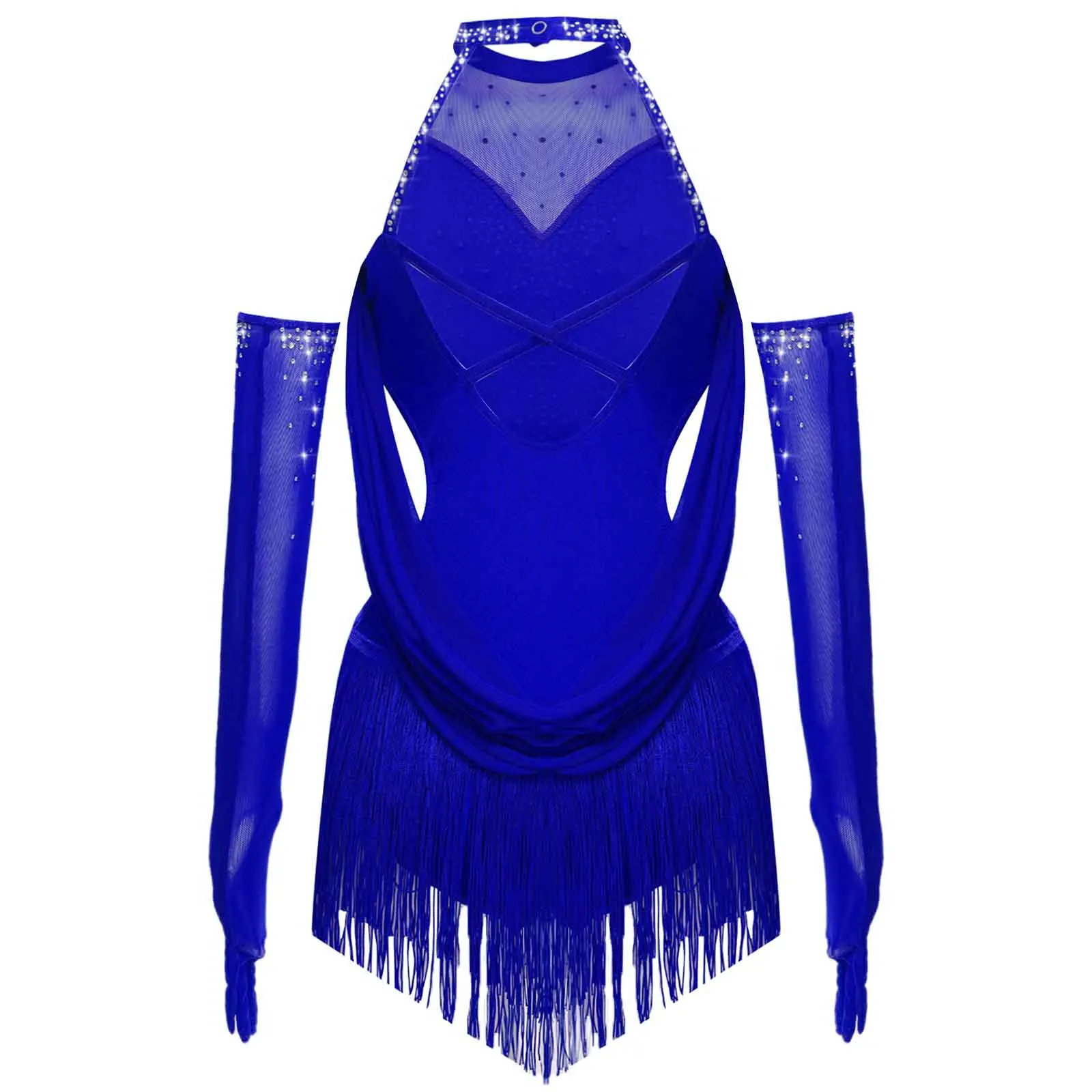 Leotardo de baile latino con diamantes de imitación brillantes para niñas, mono sin mangas con borlas recortadas de malla fruncida para patinaje artístico Cha-cha Samba Tango