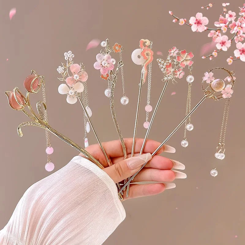 

Pink Sweet Chinese Style Flower Hair Accessory Alloy Jewelry Women's Hair Needle Fit for Daily Wear Gifts Girls Fashion Hairpin