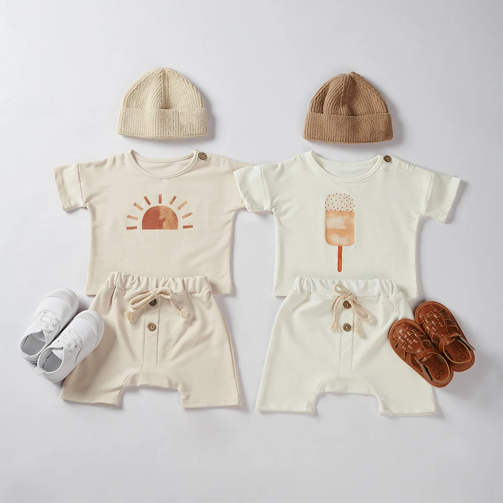 2Pcs Toddler Girl Clothes Set Organic Cotton Ice Cream White Baby Tee Baby Boy Clothing Set Childrens T-shirt+Shorts Pants Bebes