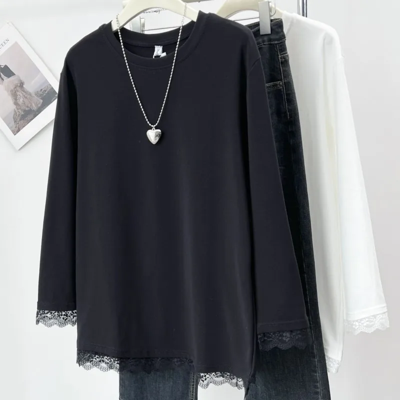 

Plus Size Top 2025 Spring New Women's Tees Fashion Lace long-sleeved T-shirt 8017